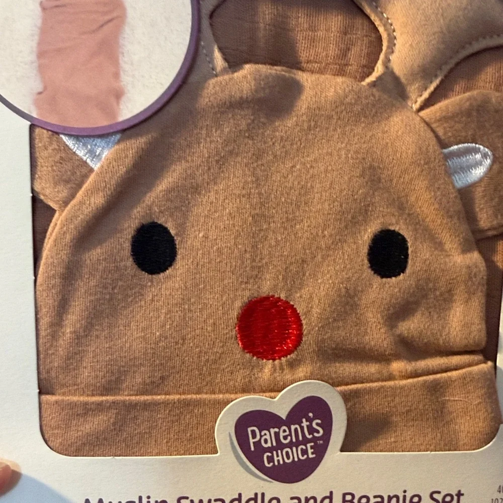 Parents Choice Brown Reindeer Muslin‎ Swaddle & Beanie Set